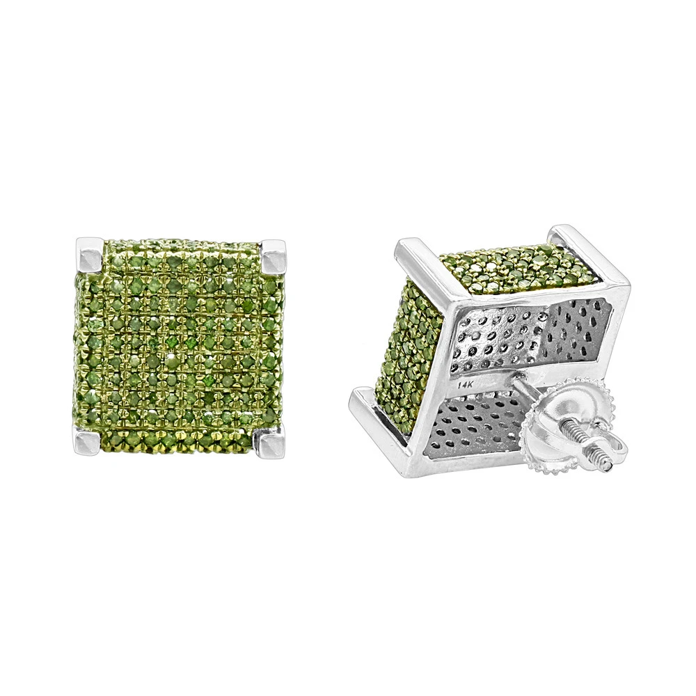 14K Yellow Gold Square Green Diamond Stud Earrings 1.3ct By Luxurman 4 14K Yellow Gold Square Green Diamond Stud Earrings 1.3ct By Luxurman - Image 2