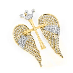 14K White/Yellow Gold Unique Angel Wings Diamond Cross Pendant With Crown 0.4ct