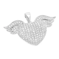 14K White Gold Unique Diamond Heart With Angels Wings Ladies Pendant 1ct