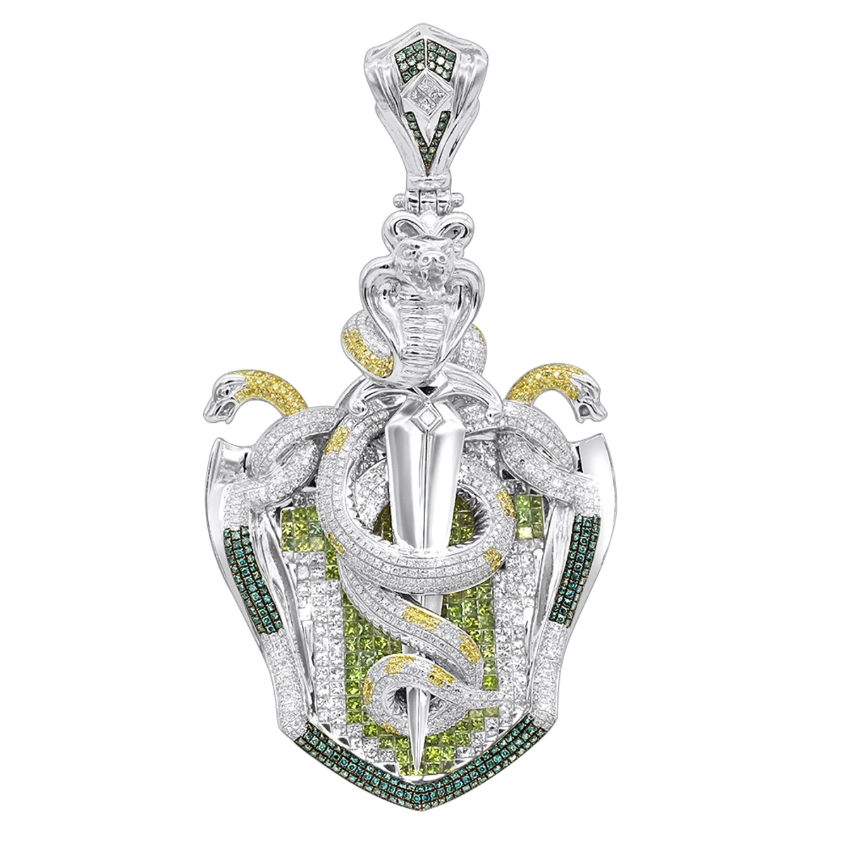 14K Gold White Blue Green Yellow Diamond Sword & Snakes Men's Pendant 18ct 3 14K Gold White Blue Green Yellow Diamond Sword & Snakes Men's Pendant 18ct