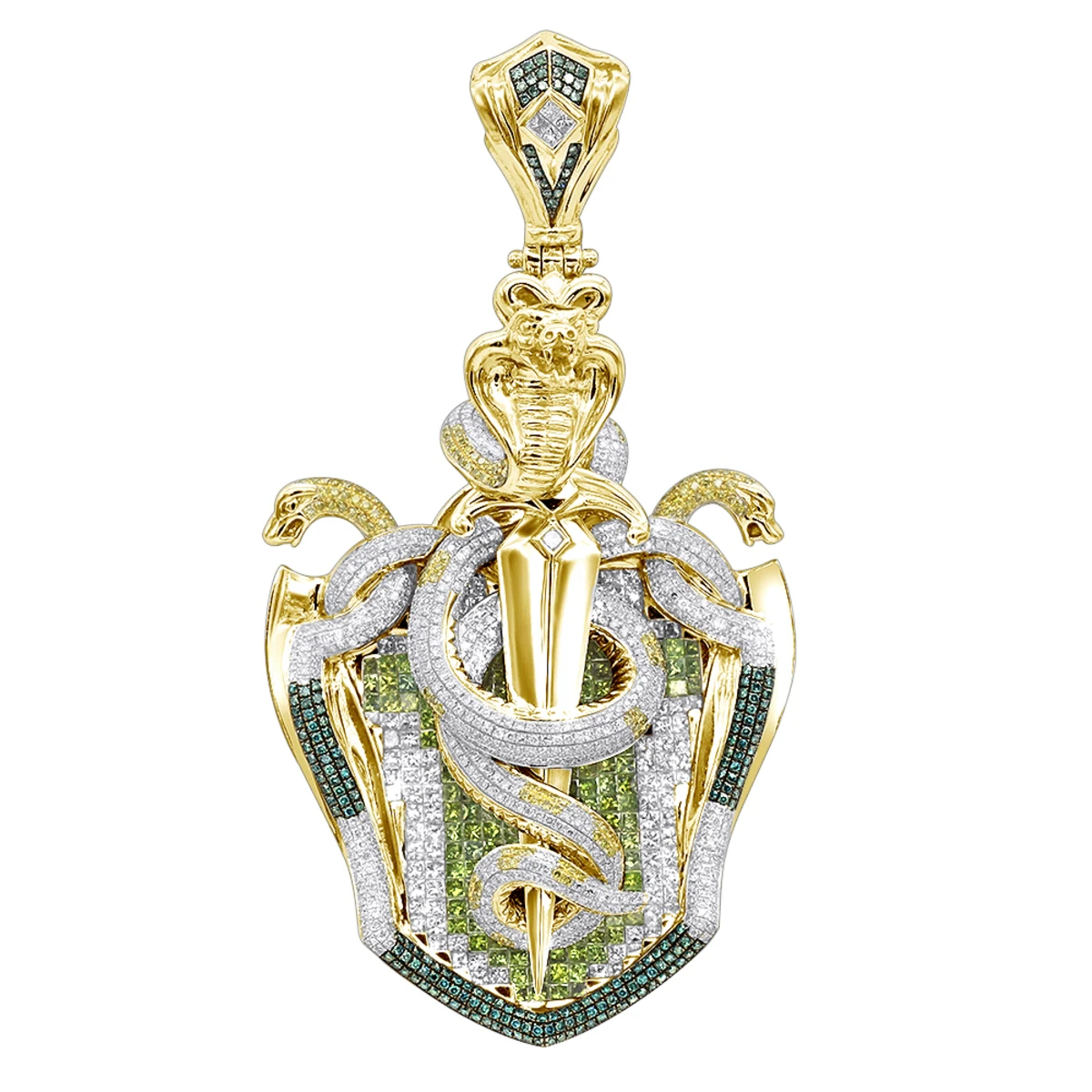 14K Gold White Blue Green Yellow Diamond Sword & Snakes Men's Pendant 18ct 4 14K Gold White Blue Green Yellow Diamond Sword & Snakes Men's Pendant 18ct - Image 2