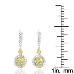 14K White Gold White Yellow Diamond Drop Earrings 1.2ct Women's Dangle Hoops -H'Hen Sale Store 14k gold white yellow diamond drop earrings 12ct womens dangle hoops ruler