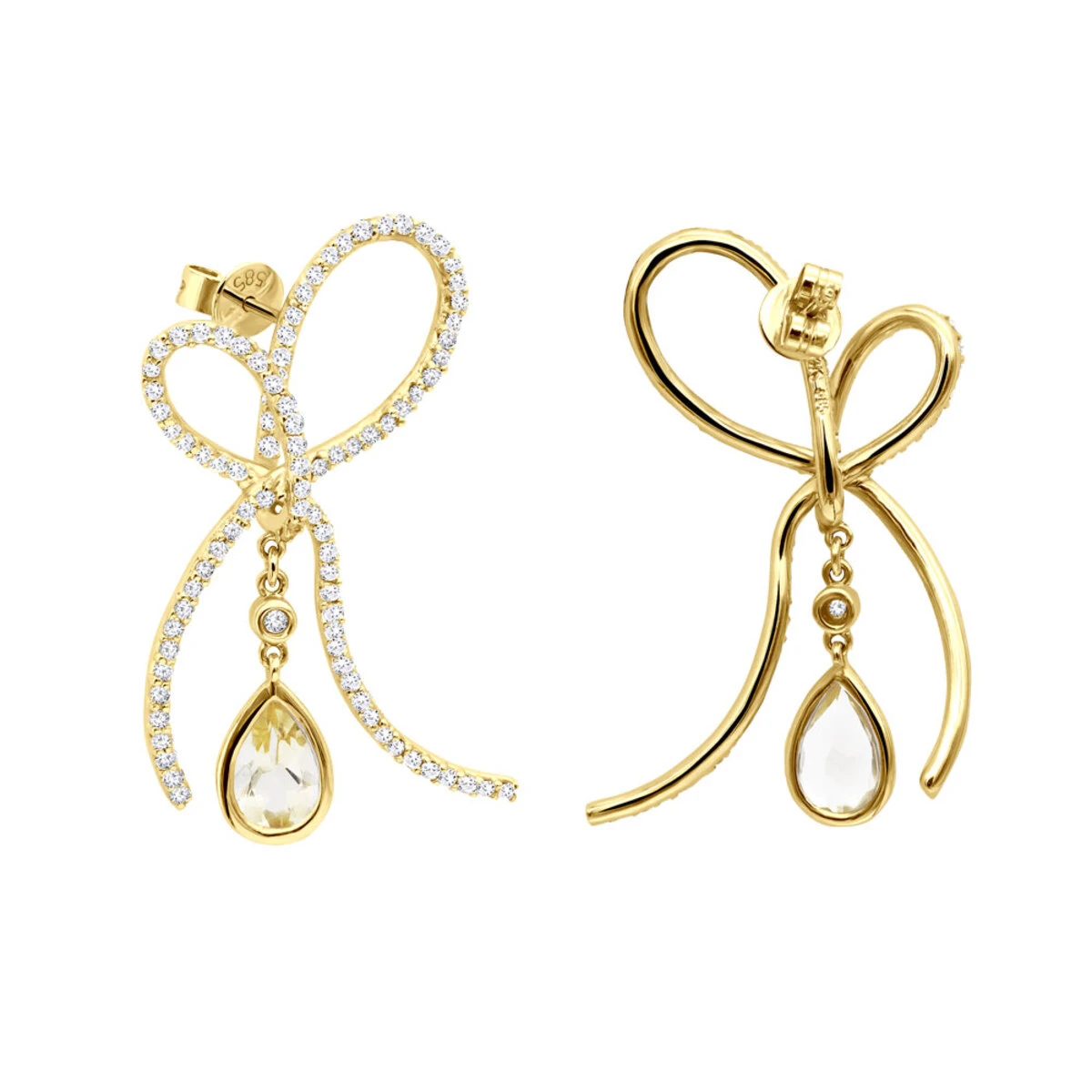 14K White Gold Lemon Quartz Diamond Bow Earrings 1.23ct 4 14K White Gold Lemon Quartz Diamond Bow Earrings 1.23ct - Image 2