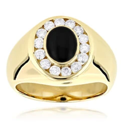 14K Yellow Gold Men's Diamond Black Onyx Ring 0.7ct