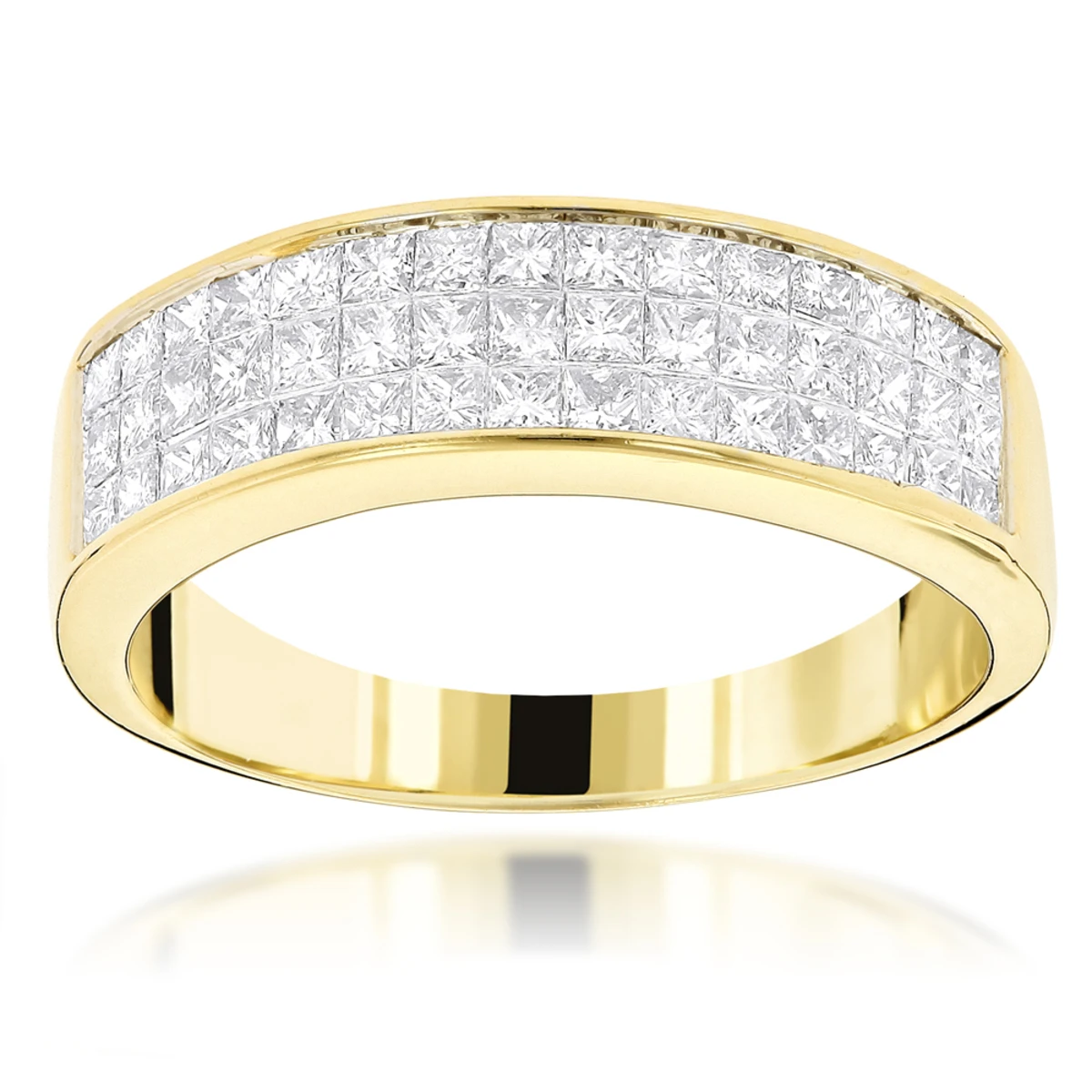 14K Yellow Gold Princess Cut Diamond Wedding Band Invisible Set Ring 1.25ct 3 14K Yellow Gold Princess Cut Diamond Wedding Band Invisible Set Ring 1.25ct