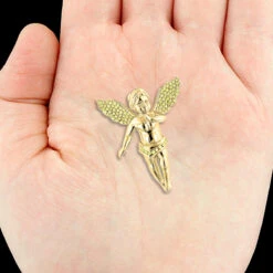 14K Yellow Gold Yellow Diamond Angel Pendant Mini Religious Charm 0.7ct -H'Hen Sale Store 14k solid gold yellow diamond angel pendant mini religious charm 07ct 4
