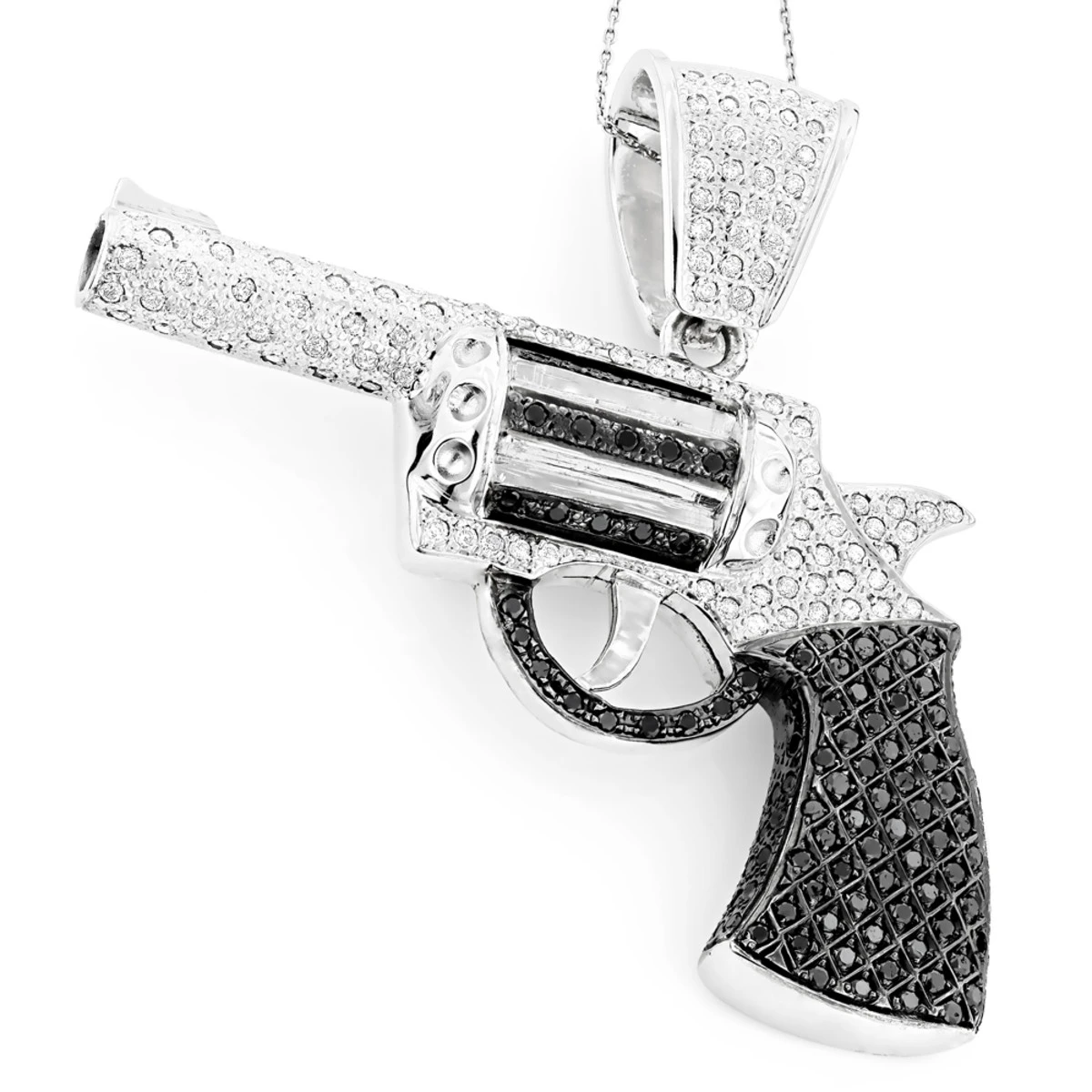 Men's 14K White Gold White Black Diamond Gun Pendant 9.5ct 3 Men's 14K White Gold White Black Diamond Gun Pendant 9.5ct