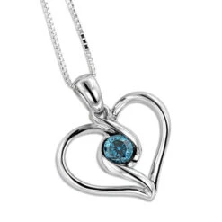 14K White Gold Single Blue Diamond Heart Necklace For Women Pendant