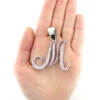 Large 14K White Gold White Pink Diamond Initial M Letter Pendant Necklace 3.4ct