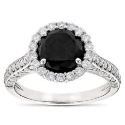 Halo 18K White Gold Designer Black Diamond Engagement Ring 3.42ct