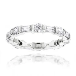 Thin 18K White Gold Eternity Band Round Baguette Diamonds 2.05ct