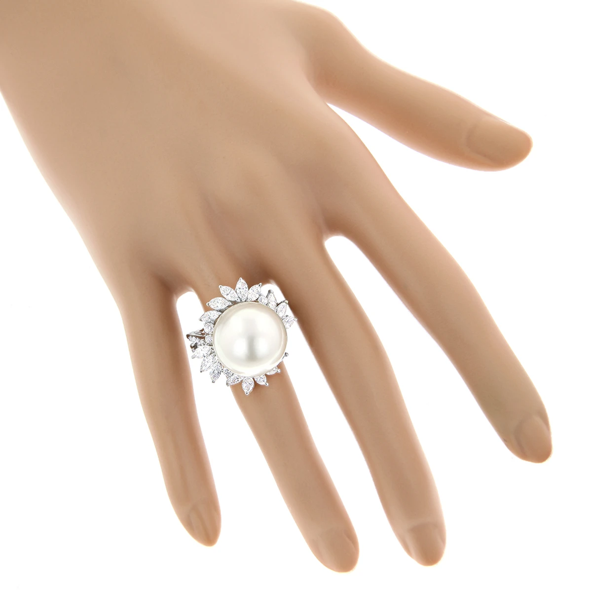 18K White Gold Ladies Pearl & Marquise Diamond Ring For Women 2.92ct 5 18K White Gold Ladies Pearl & Marquise Diamond Ring For Women 2.92ct - Image 3