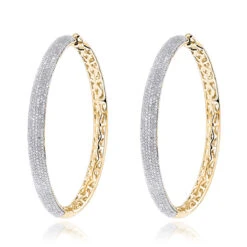 2 Inch Diamond Hoop Earrings 2.2ct 14K Yellow Gold