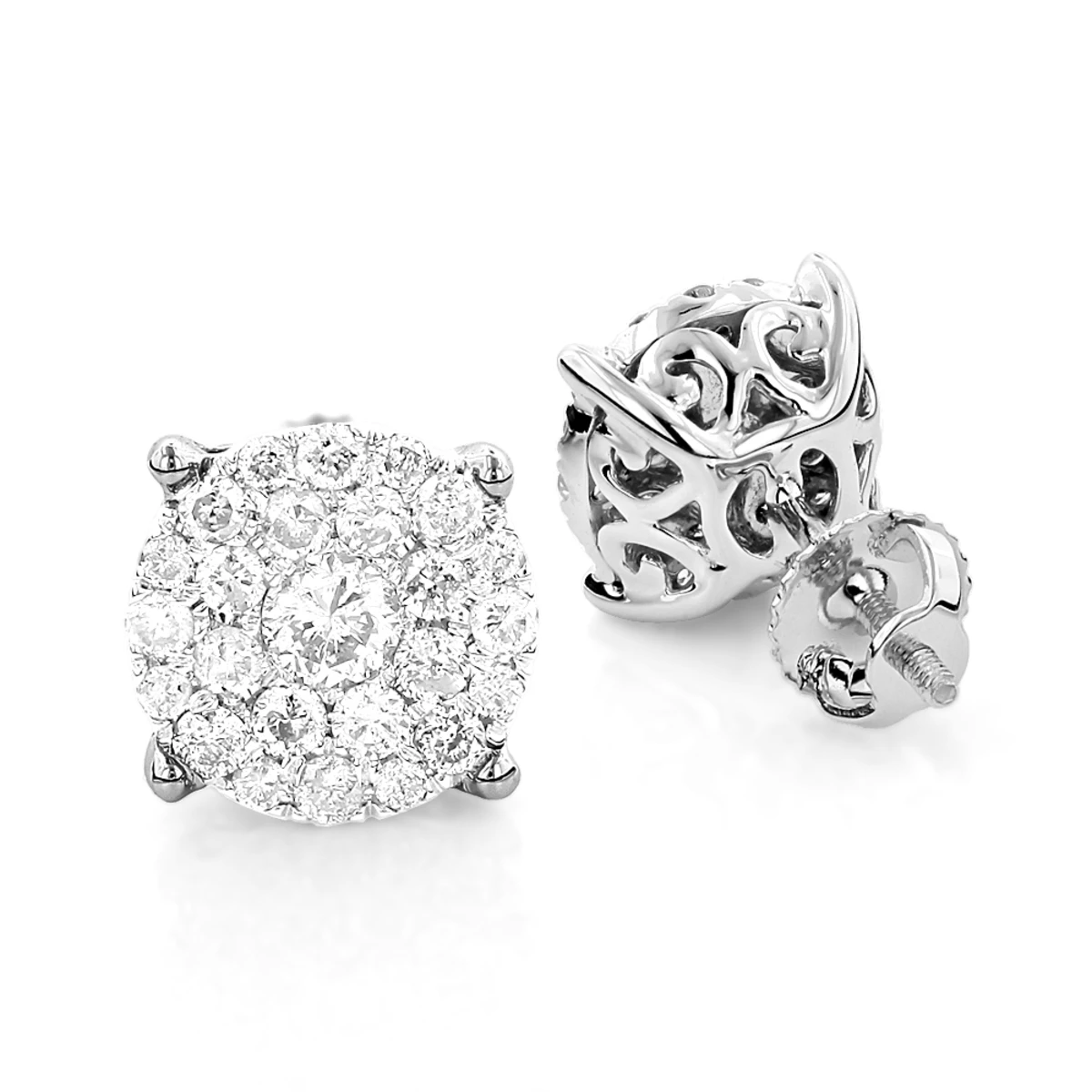 3 Carat Look Round Diamond Cluster Earrings Studs 1.21ct 18K White Gold 4 3 Carat Look Round Diamond Cluster Earrings Studs 1.21ct 18K White Gold - Image 2