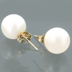 9-9.5mm 14K Yellow Gold White Fresh Water Pearl Earrings