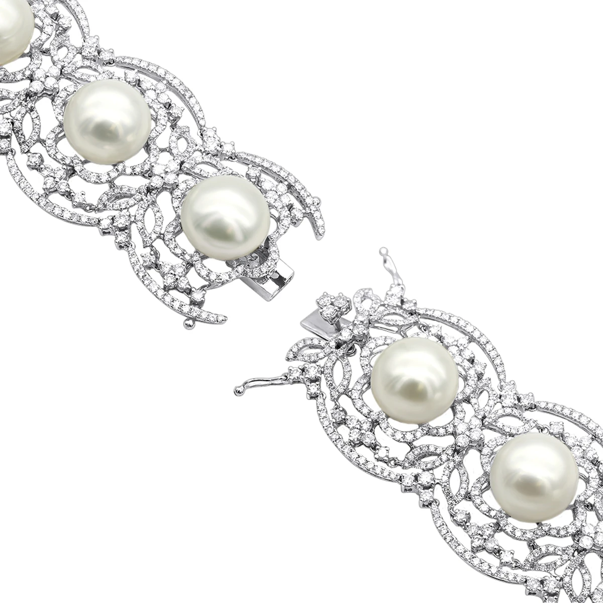 Art Deco White South Sea Pearl And Diamond Bracelet For Women 18K White Gold 6 Art Deco White South Sea Pearl And Diamond Bracelet For Women 18K White Gold - Image 4