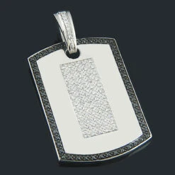 Black And White Diamond Dog Tag Pendant 1.19ct Sterling Silver