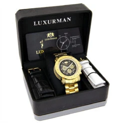 Black Dial Luxurman Diamond Watch 0.75ct Yellow Gold Plated Escalade -H'Hen Sale Store black dial luxurman diamond watch 075ct yellow gold plated escalade box