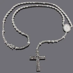 Solid 10K Black Plated Gold Black Diamond Rosary Necklace Chain With Cross 31.55ct