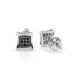 Real Black Diamond Stud Earrings Sterling Silver Square Kites 0.1ct