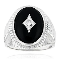 Black Onyx And Diamond 14K White Gold Men's Ring 0.10ct 13/16 In (20mm)