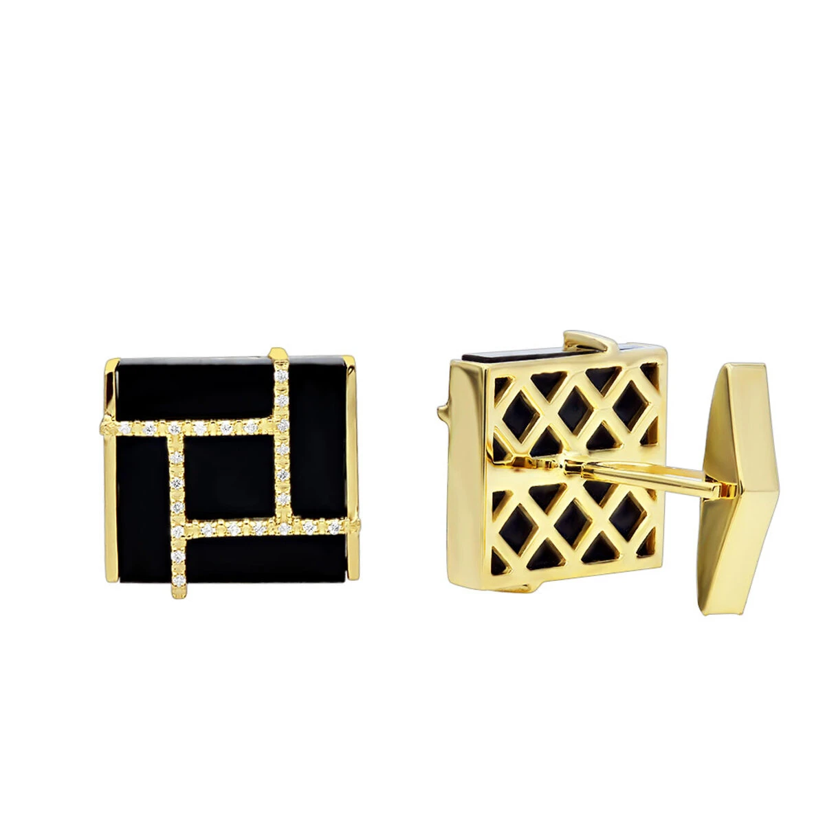 Black Onyx And Diamonds 14K Yellow Gold Men's Cufflinks 3 Black Onyx And Diamonds 14K Yellow Gold Men's Cufflinks