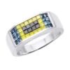 Unique Men's Wedding Bands 14K White Gold Black Blue Yellow Diamonds Ring