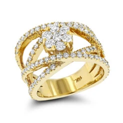 Criss Cross Flower 14K Yellow Gold Right Hand Diamond Women's Ring 1.33ct