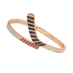 Custom Made 14K White Gold Hockey Stick Rubies White Black Diamond Bangle Bracelet -H'Hen Sale Store custom made 14k gold hockey stick rubies white black diamond bangle bracelet 100033 ro
