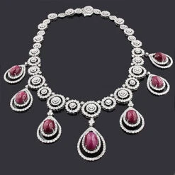 Designer Gemstone & Diamond Ruby Necklace 18K White Gold 36.26ct 74.83
