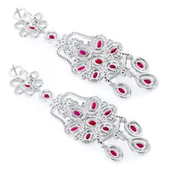 14K White Gold Designer Chandelier Ruby Diamond Earrings By Luxurman -H'Hen Sale Store designer jewelry chandelier ruby diamond earrings by luxurman 14k gold backwh