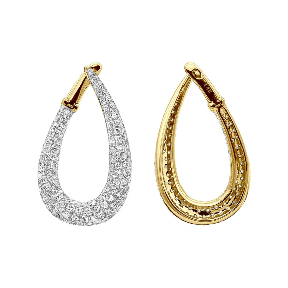 Designer Pave Diamond Teardrop Hoop Earrings For Women 14K Yellow Gold 1.8ct 3 Designer Pave Diamond Teardrop Hoop Earrings For Women 14K Yellow Gold 1.8ct