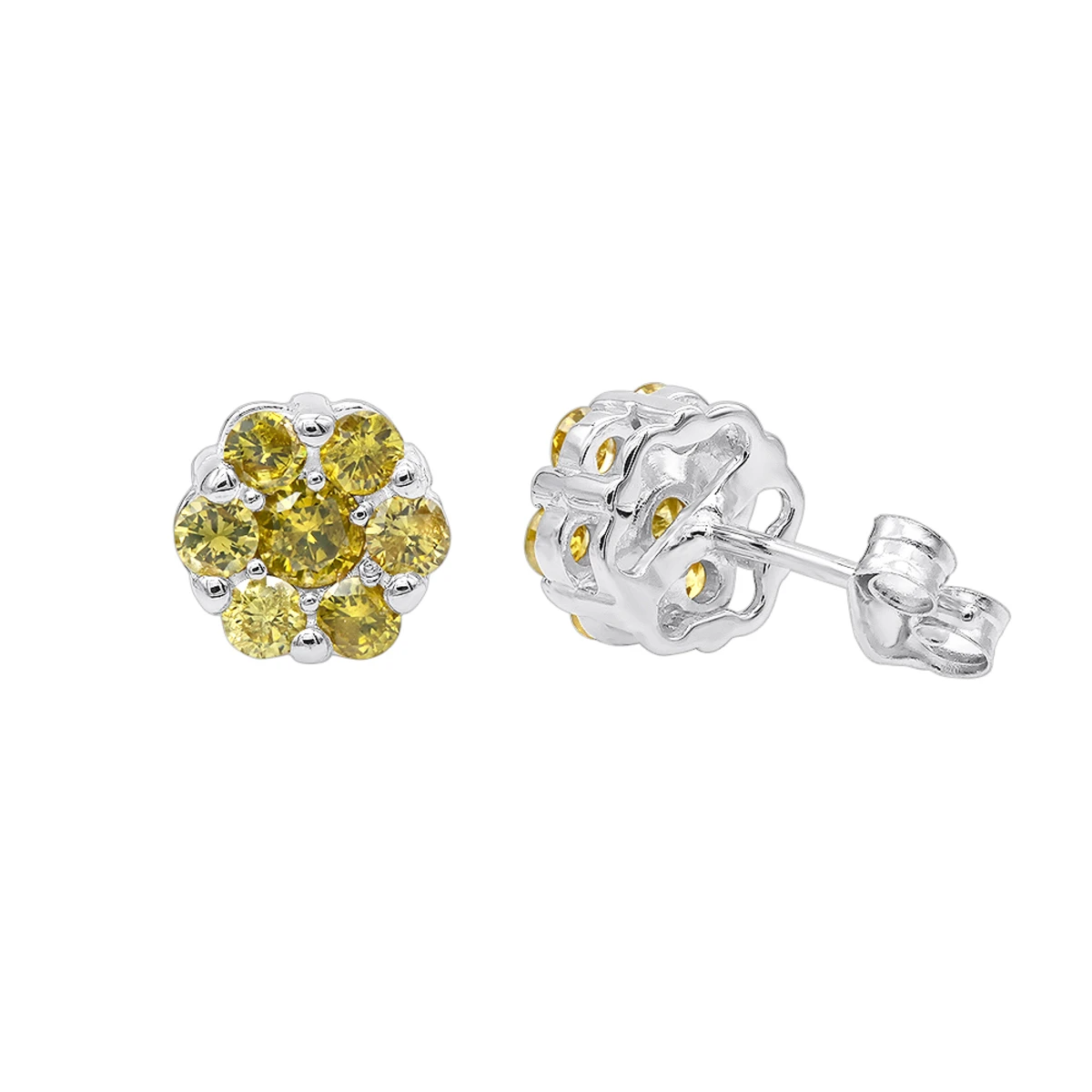 Diamond Clusters 14K Yellow Gold Yellow Diamond Stud Earrings 1ct 4 Diamond Clusters 14K Yellow Gold Yellow Diamond Stud Earrings 1ct - Image 2