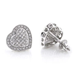 Diamond Heart Earrings Studs: 10K White Gold Pave Diamonds 0.5ct