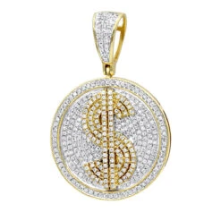 Genuine Diamond 10K Yellow Gold Dollar Sign Pendant For Men 1.65ct Medallion