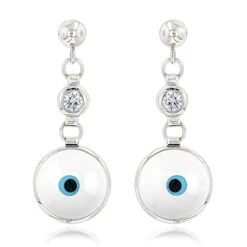 14K White Gold Diamond White Evil Eye Earrings 0.20ct Good Luck Charms