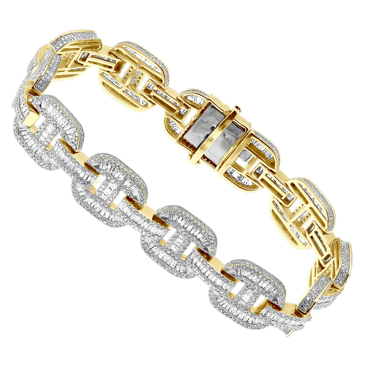 Iced Out Men's Diamond Bracelet 10K Yellow Gold 10 Carats Round Baguette Diamonds 3 Iced Out Men's Diamond Bracelet 10K Yellow Gold 10 Carats Round Baguette Diamonds