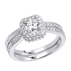 14K White Gold 1.5 Carat Cushion Cut Diamond Engagement Ring & Band Bridal Set