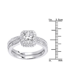 14K White Gold 1.5 Carat Cushion Cut Diamond Engagement Ring & Band Bridal Set -H'Hen Sale Store jewelry 14k gold 15 carat cushion cut diamond engagement ring band bridal set 000730 rulerwh
