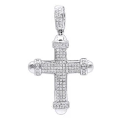 14K White Gold Real Diamond Cross Pendant For Men & Women 0.35ct Bottony Trefly