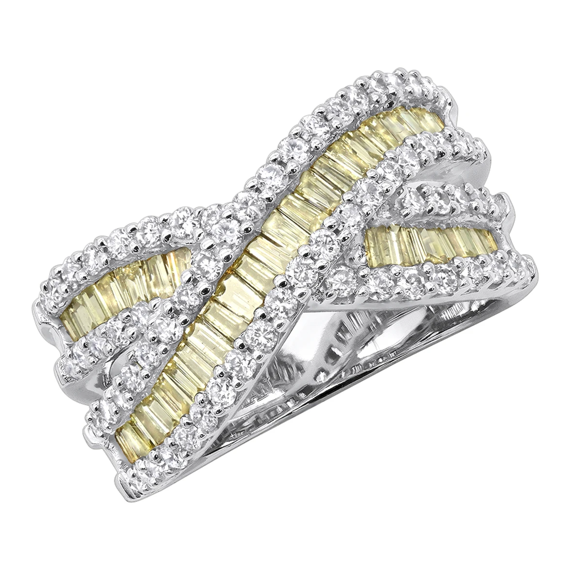 14K White Gold White Yellow Diamond Statement Criss Cross Ring For Women 2 Carats 3 14K White Gold White Yellow Diamond Statement Criss Cross Ring For Women 2 Carats