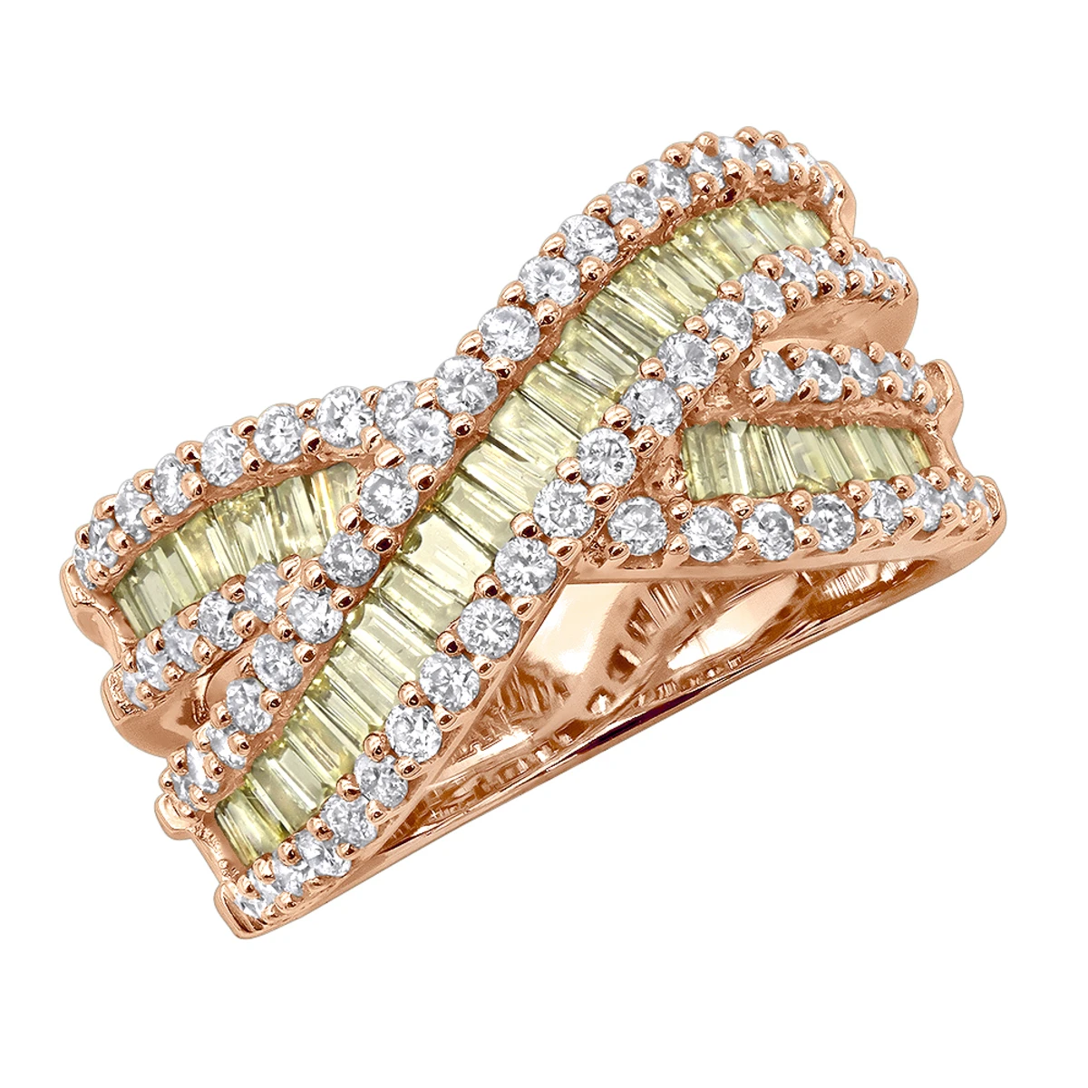 14K White Gold White Yellow Diamond Statement Criss Cross Ring For Women 2 Carats 5 14K White Gold White Yellow Diamond Statement Criss Cross Ring For Women 2 Carats - Image 3