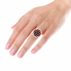 Unique Halo Circle Diamond Right Hand Ring For Women With Rubies 14K Rose Gold -H'Hen Sale Store jewelry halo circle diamond right hand ring for woman with ruby 14k gold 26213 bodro