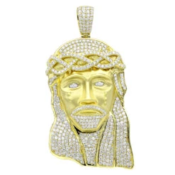 Large 18K Yellow Gold Hip Hop Jesus Face VS Diamond Pendant For Men
