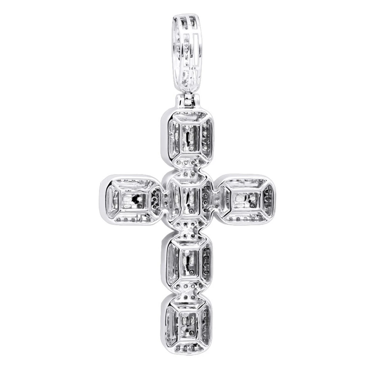 Large 2in Unique Men's Diamond Cross Pendant 14K White Gold Round Baguette Diamonds 6 Large 2in Unique Men's Diamond Cross Pendant 14K White Gold Round Baguette Diamonds - Image 4