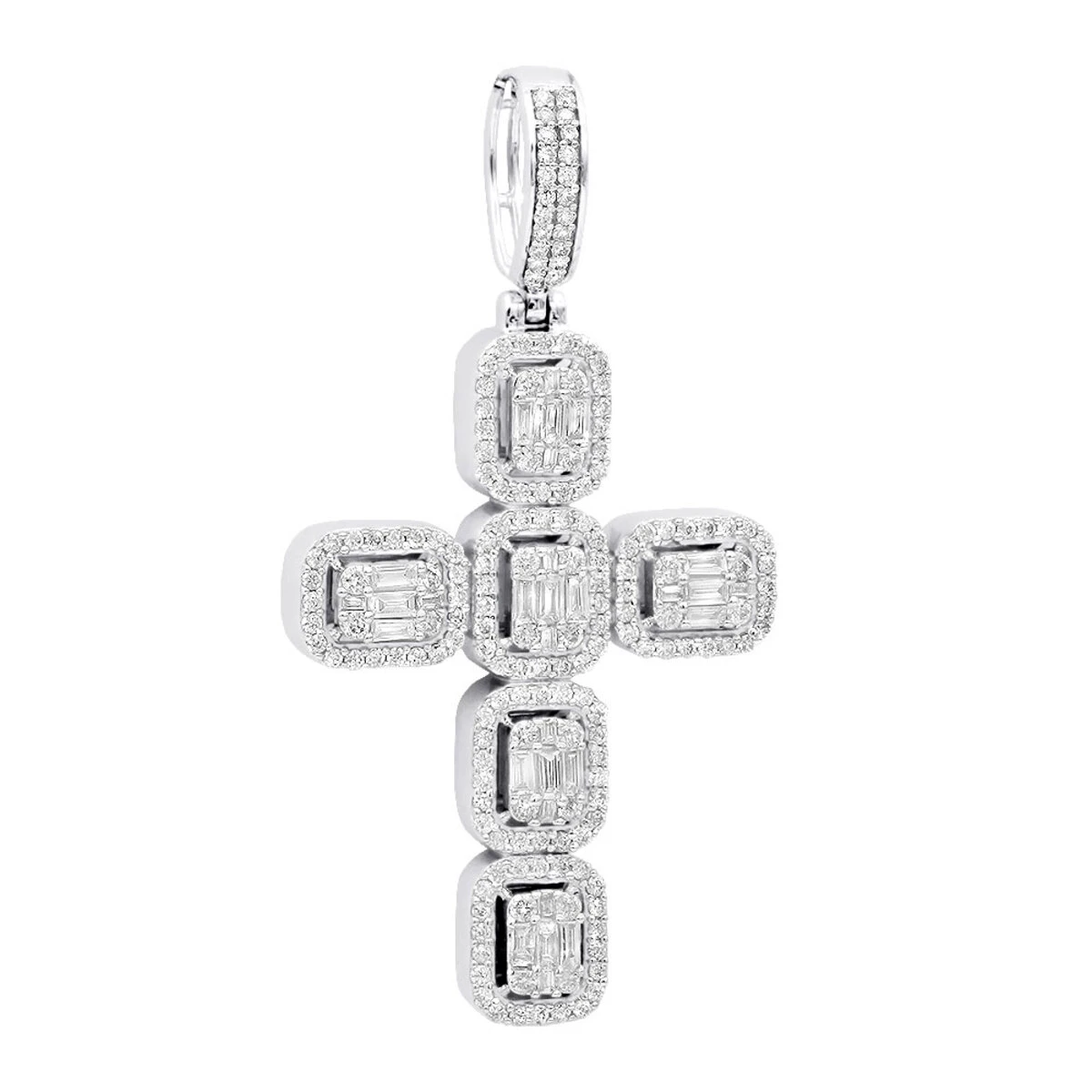 Large 2in Unique Men's Diamond Cross Pendant 14K White Gold Round Baguette Diamonds 3 Large 2in Unique Men's Diamond Cross Pendant 14K White Gold Round Baguette Diamonds