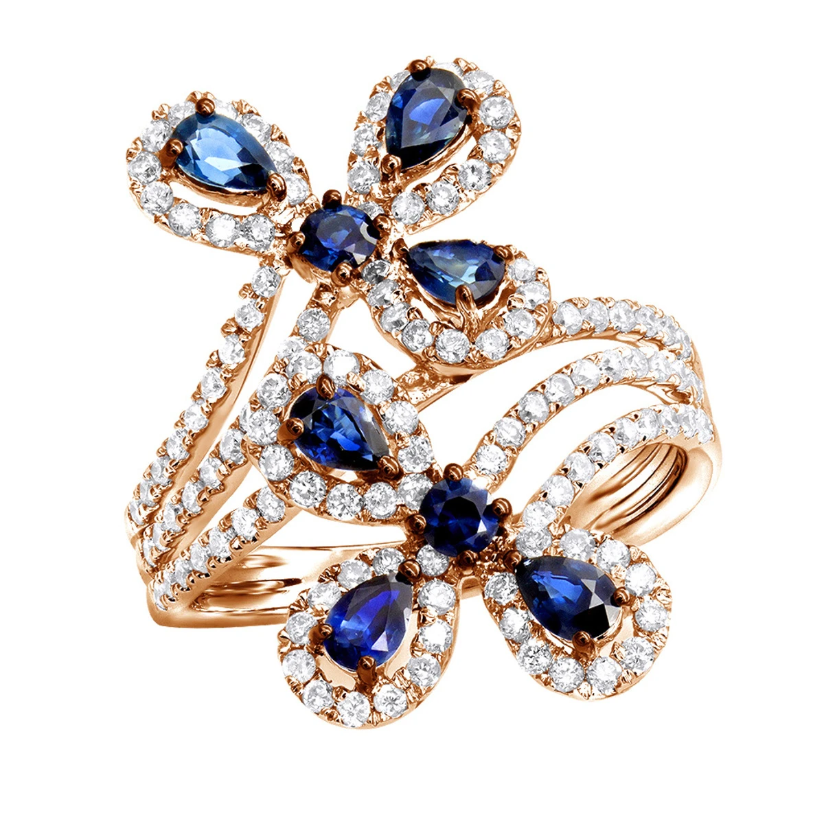 Pear Cut Sapphire And Diamond Flower Bloom Cocktail Ring For Women 14K White Gold 5 Pear Cut Sapphire And Diamond Flower Bloom Cocktail Ring For Women 14K White Gold - Image 3