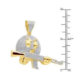 10K Yellow Gold Angry Emoji With AK47 Machine Gun Pendant With Diamonds 1.2ct -H'Hen Sale Store jewelry real 10k gold angry emoji with ak47 machine gun pendant with diamonds 12ct rulerye