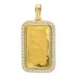 Real 99.9 14K Yellow Gold 1 Ounce Pamp Suisse Bar Lady Fortuna G VS Men's Diamond Pendant