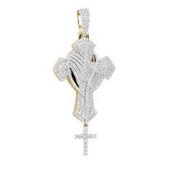 Religious Unique 14K Yellow Gold Large Men's Diamond Cross Pendant With Rosary